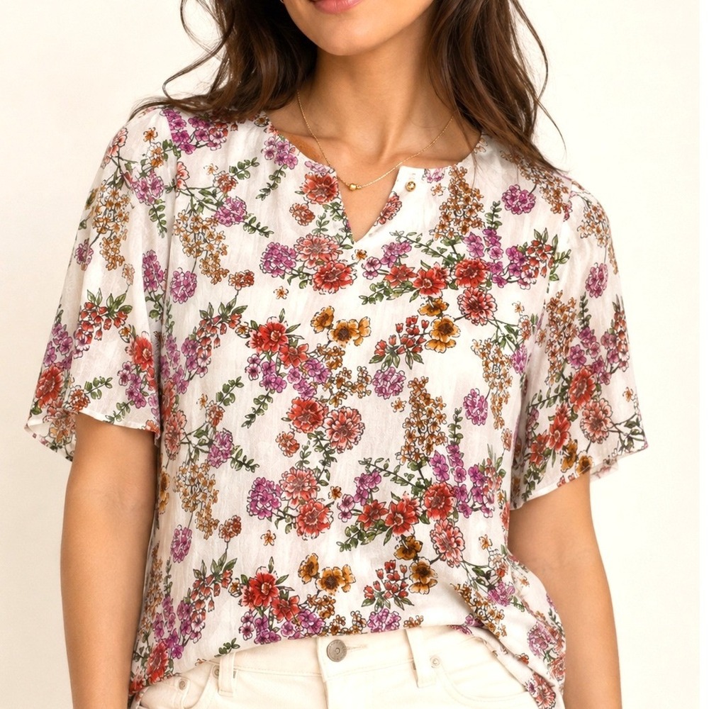 Love Ryan Women White Floral Mesh Chain Neck Short Sleeve Blouse S/M 477M14A234R